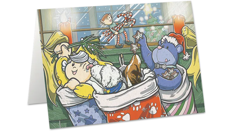 Festliche Illustration mit Tieren in Strümpfen mit Weihnachtsmützen, einem Elf mit Zuckerstangen und einem Weihnachtsbaum neben einem Fenster mit Kerzen.