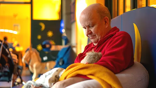 A man in a red fleece jacket holds a little boy in his arms and looks down at him gently.