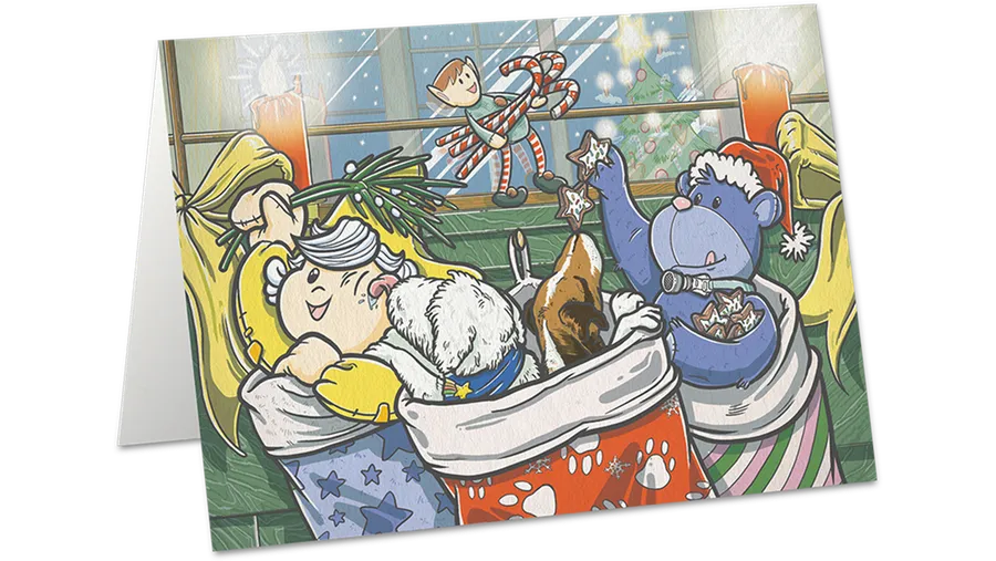 Festliche Illustration mit Tieren in Strümpfen mit Weihnachtsmützen, einem Elf mit Zuckerstangen und einem Weihnachtsbaum neben einem Fenster mit Kerzen.