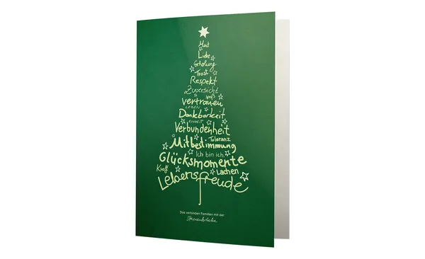 Grüne Karte mit einem Tannenbaum aus Worten wie "Liebe", "Vertrauen" und "Lebensfreude", gestaltet als Sterne und Schriftzüge.