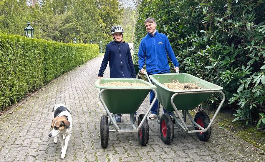 A boy wearing a bicycle helmet and a young man in blue work clothes are pushing wheelbarrows in front of them. A dog is running alongside them.